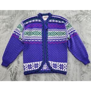 Vintage Obermeyer Kladia‎ Wool Blend Fair Isle Full Zip Cardigan Size L Purple
